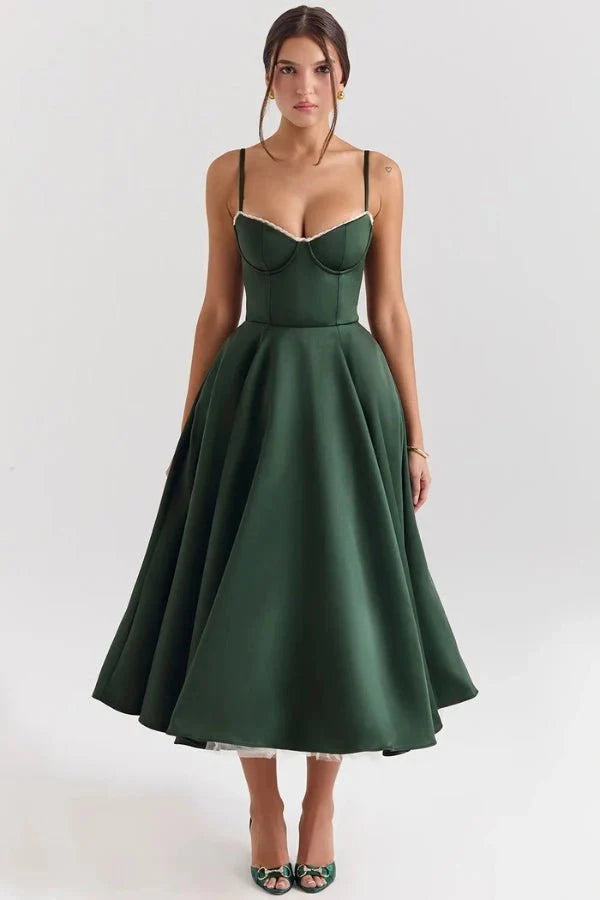 Satijnen Corset Midi Jurk met Tule Rok