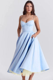 Satijnen Corset Midi Jurk met Tule Rok