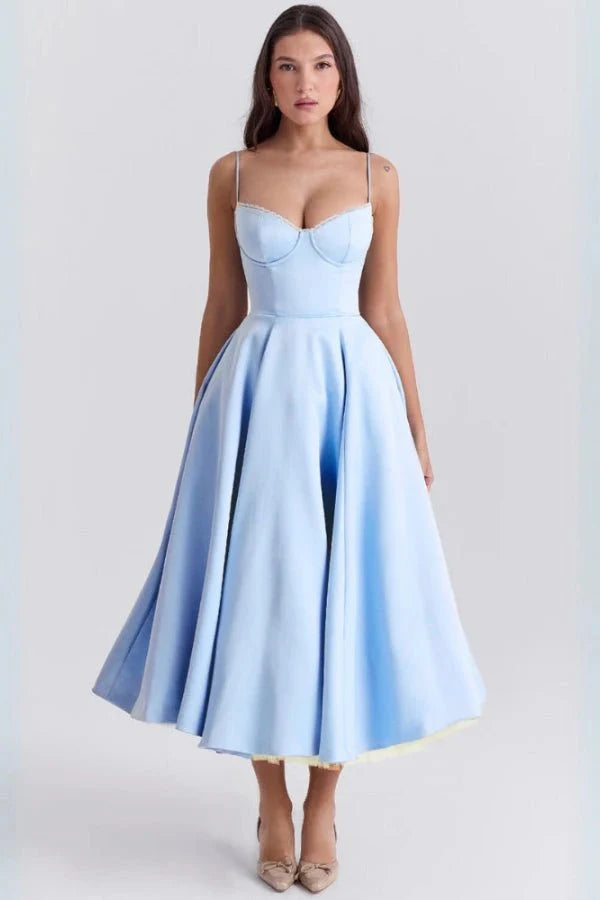 Satijnen Corset Midi Jurk met Tule Rok