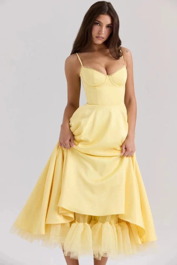 Satijnen Corset Midi Jurk met Tule Rok