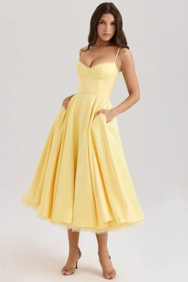 Satijnen Corset Midi Jurk met Tule Rok