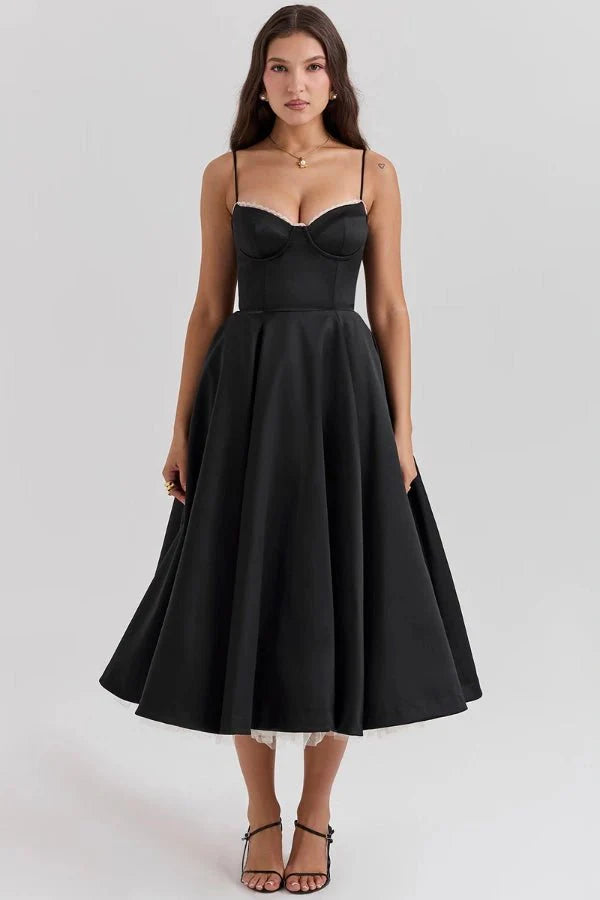 Satijnen Corset Midi Jurk met Tule Rok