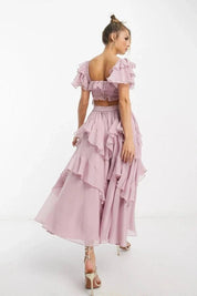 Dames Roze Chiffon Ruche Co-ord Set met Corset Lijfje