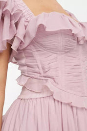 Dames Roze Chiffon Ruche Co-ord Set met Corset Lijfje