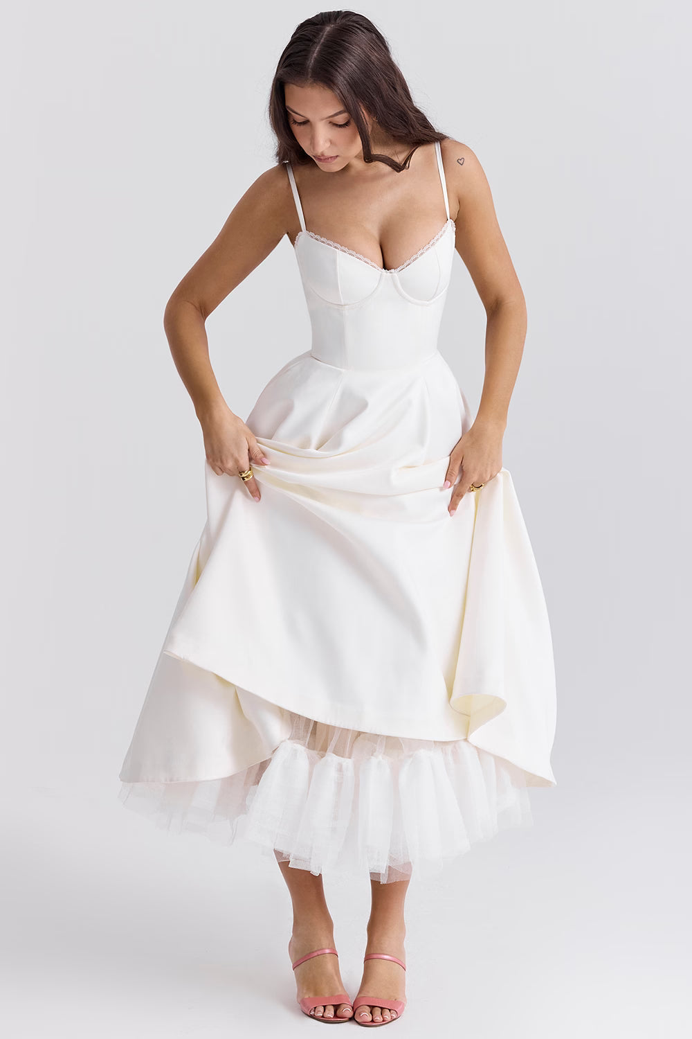 Satijnen Corset Midi Jurk met Tule Rok