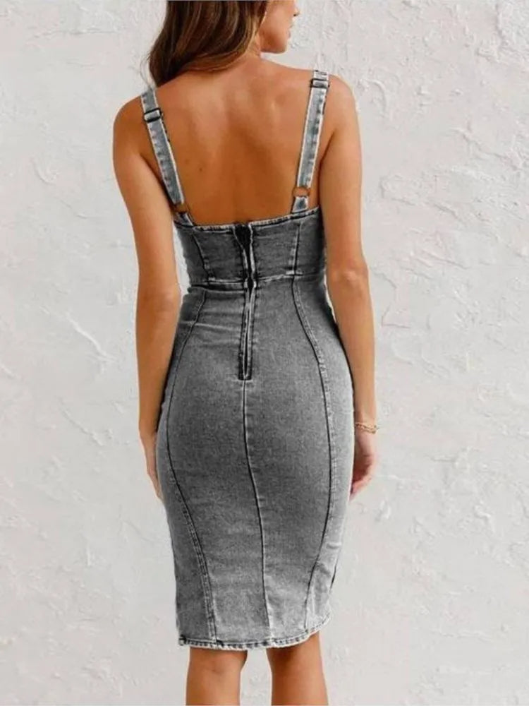 Dames zomerjurk denim met split - Grijs of lichtblauw