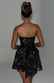 Feestelijke dames glitterjurk | Strapless en kort