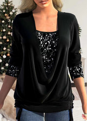 Dames blouse met pailletten | Feestelijke top met vallende halslijn