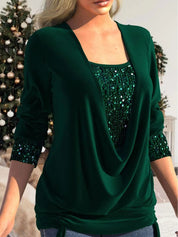 Dames blouse met pailletten | Feestelijke top met vallende halslijn