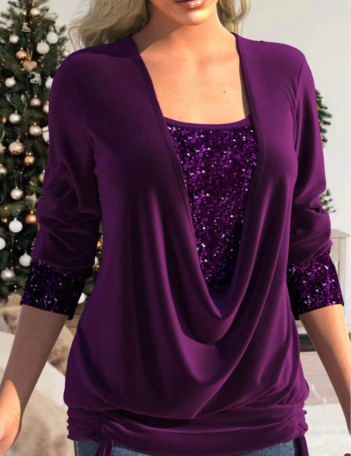 Dames blouse met pailletten | Feestelijke top met vallende halslijn