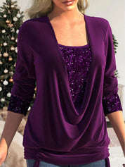 Dames blouse met pailletten | Feestelijke top met vallende halslijn
