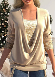Dames blouse met pailletten | Feestelijke top met vallende halslijn