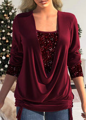 Dames blouse met pailletten | Feestelijke top met vallende halslijn