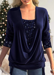 Dames blouse met pailletten | Feestelijke top met vallende halslijn