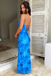 Dames getailleerde zomerjurk maxi blauw met open rug