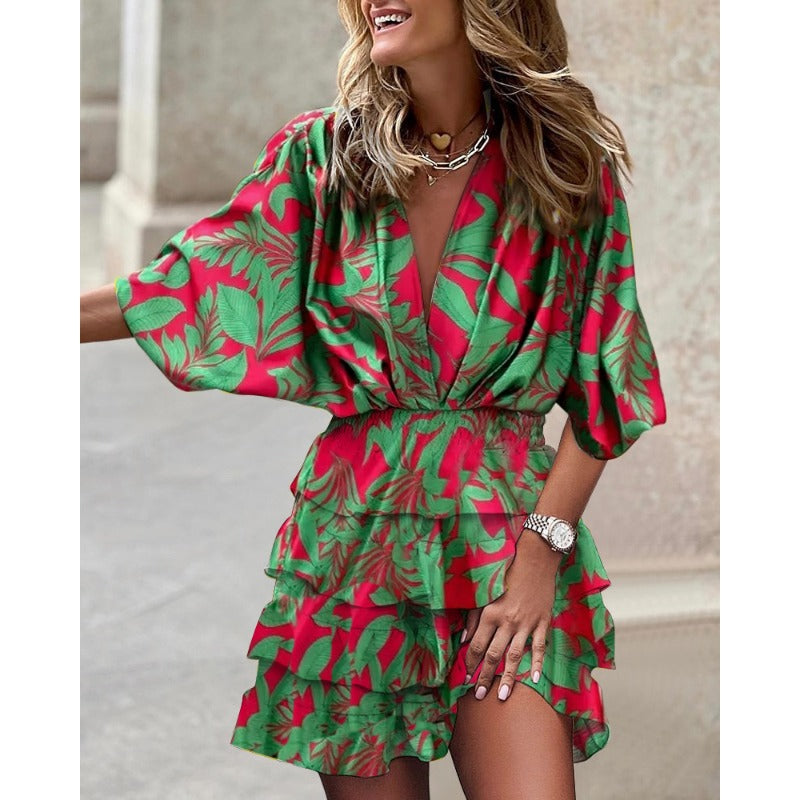 Dames zomerjurk met bloemenprint en elastische tailleband