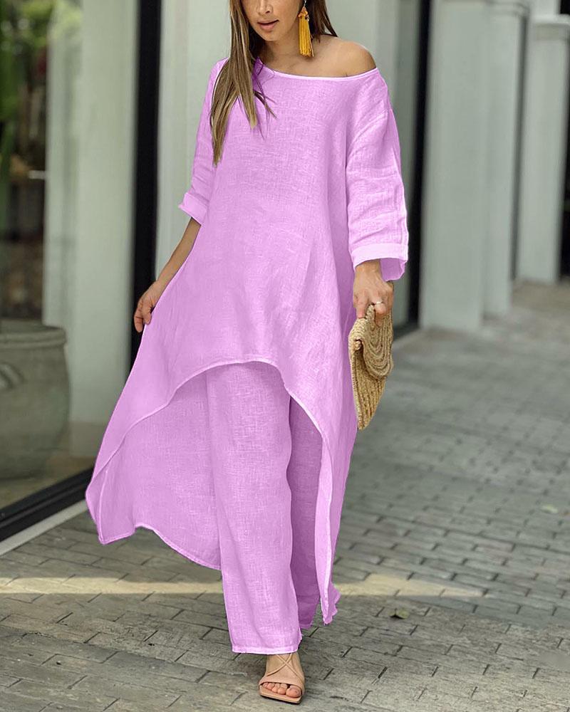 Women's summer set with maxi top and wide trousers - Off-shoulder