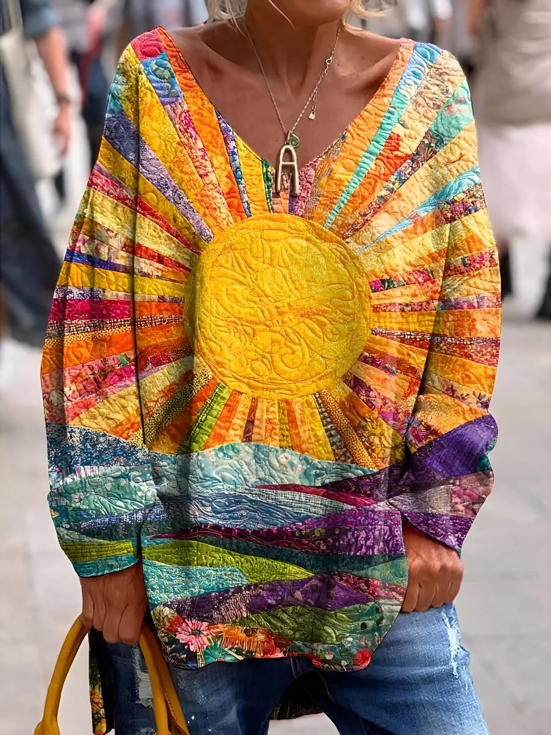 Dames Pullover met V-Hals en Print | Kleurrijke Artistieke Trui