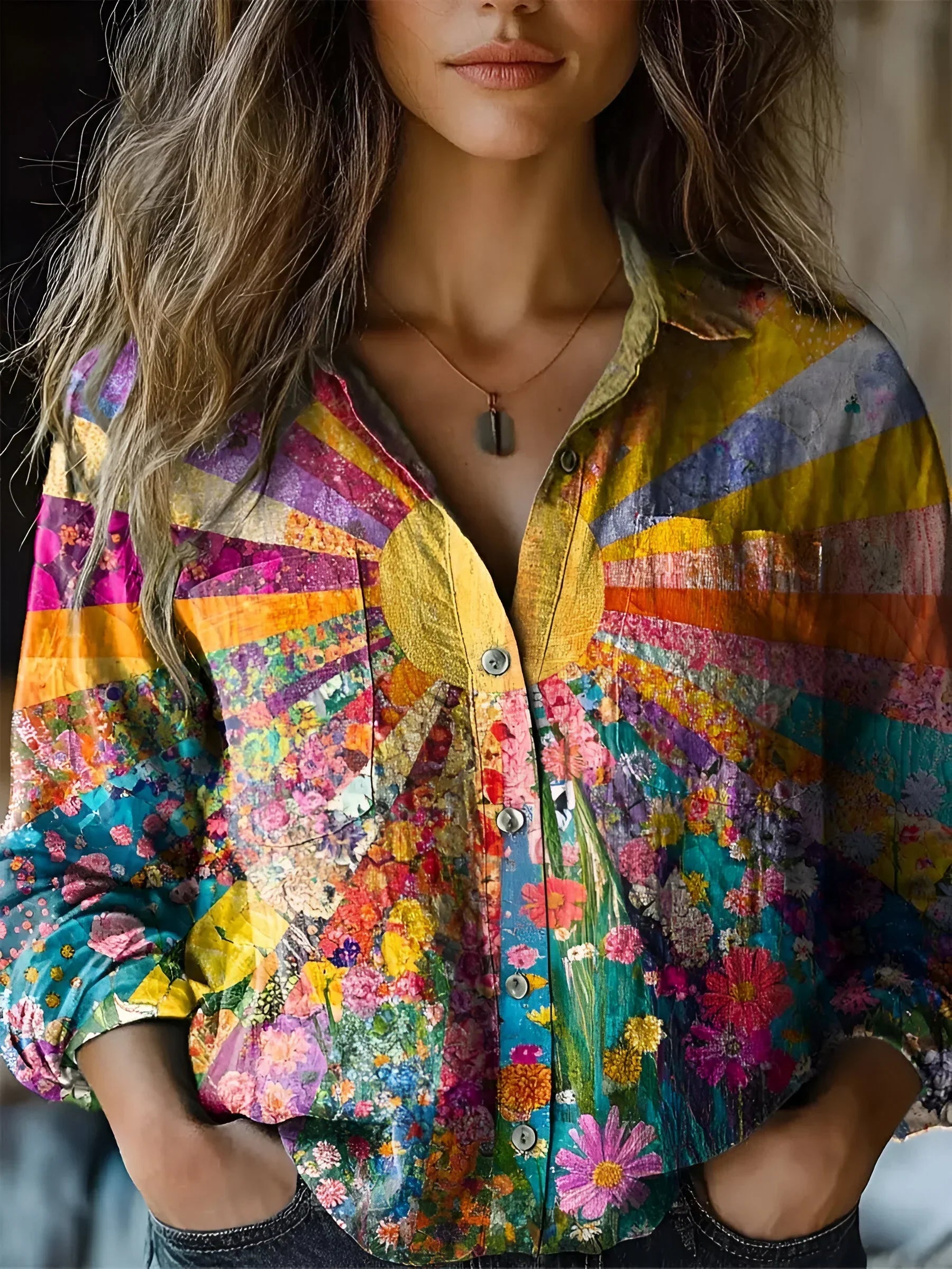 Dames Blouse Artistieke Zomerse Print | Kleurrijk Overhemd met Knoopsluiting