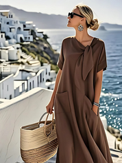 Dames maxi zomerjurk met korte mouwen en strik