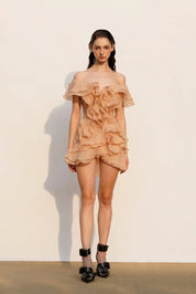 Dames zomerjurkje kort off-shoulder met romantische volants