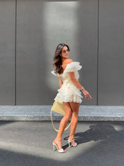 Dames zomerjurkje kort off-shoulder met romantische volants