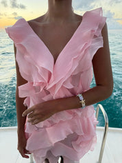 Dames zomerjurkje kort off-shoulder met romantische volants