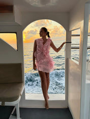 Dames zomerjurkje kort off-shoulder met romantische volants