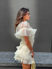 Dames zomerjurkje kort off-shoulder met romantische volants