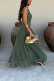 Elegante dames zomerjurk on-shoulder - Lang en geplisseerd