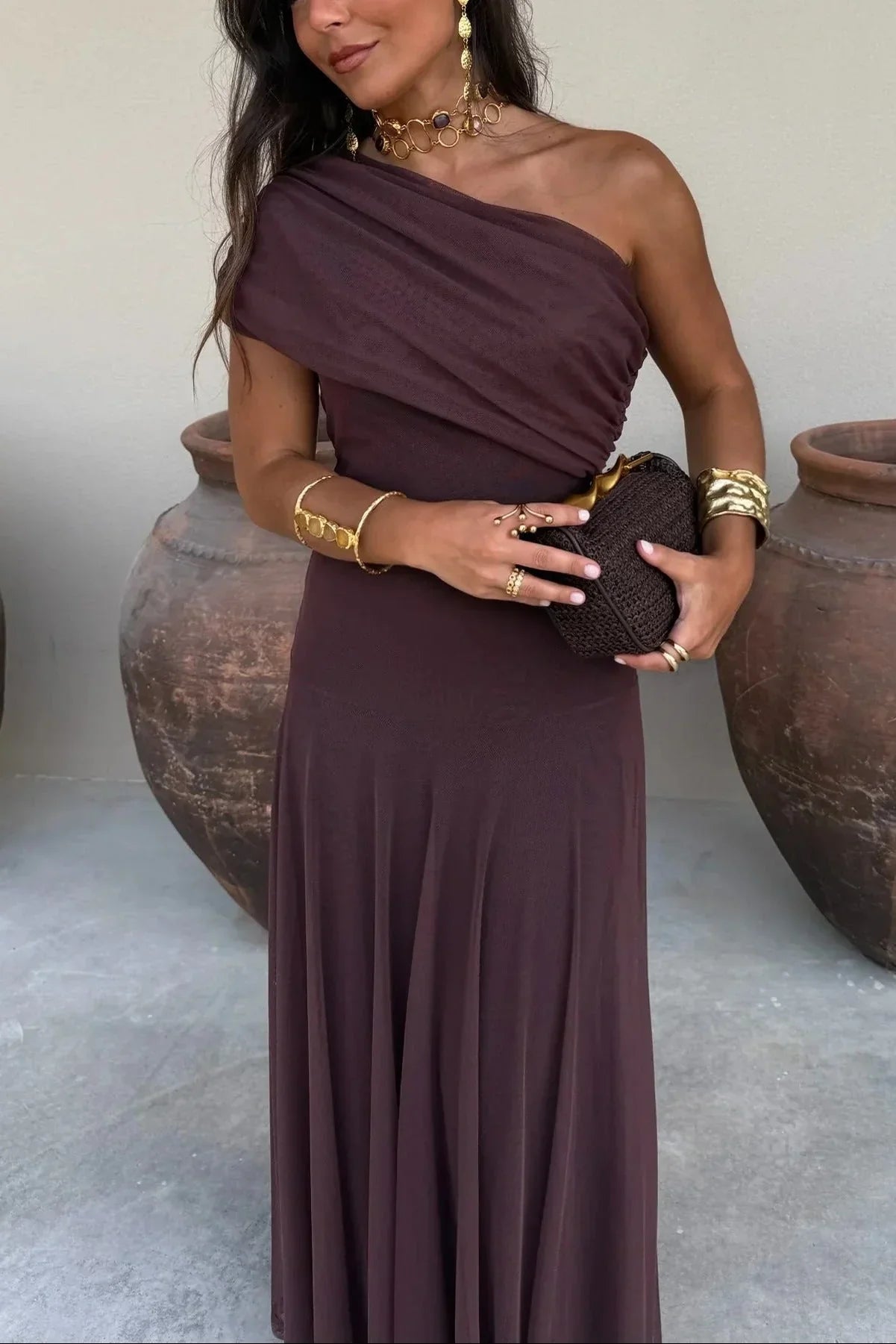 Elegante dames zomerjurk on-shoulder - Lang en geplisseerd