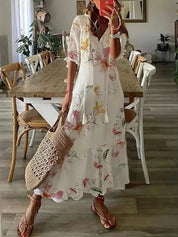 Dames zomerjurk lang met V-hals en bloemenprint