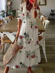 Dames zomerjurk lang met V-hals en bloemenprint