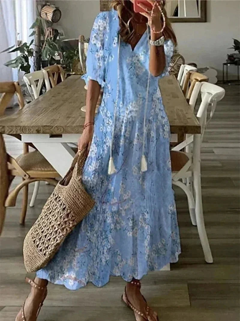 Dames zomerjurk lang met V-hals en bloemenprint