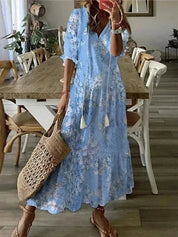 Dames zomerjurk lang met V-hals en bloemenprint