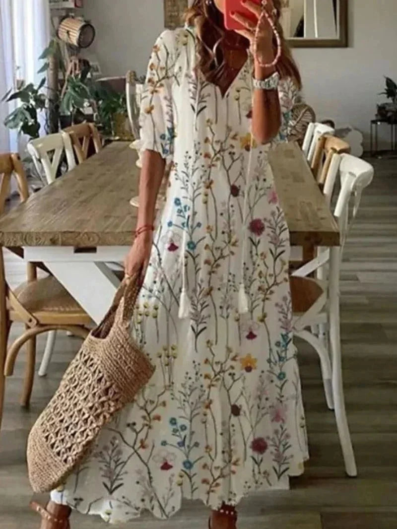 Dames zomerjurk lang met V-hals en bloemenprint