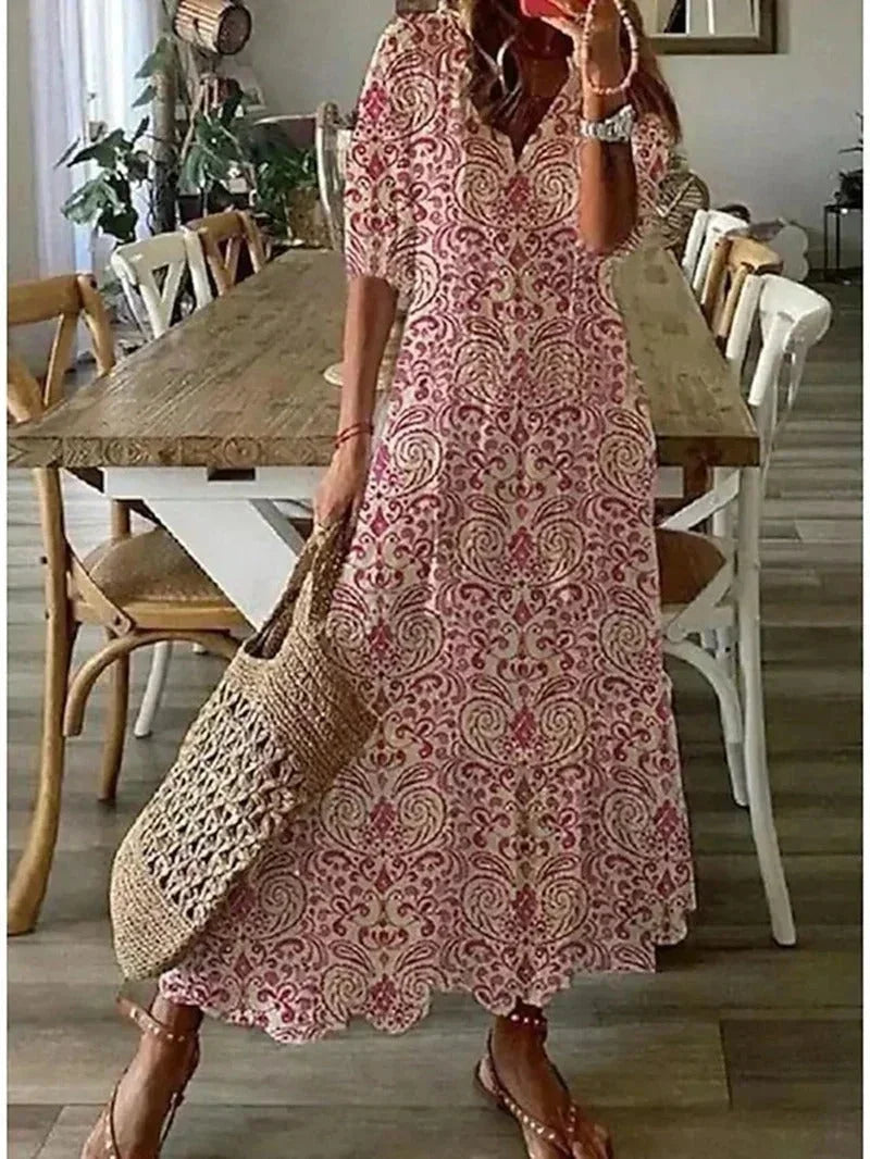 Dames zomerjurk lang met V-hals en bloemenprint