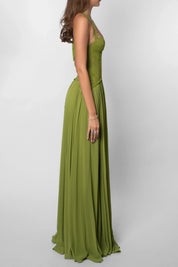 Groene feestjurk dames met corset en geplisseerde rok