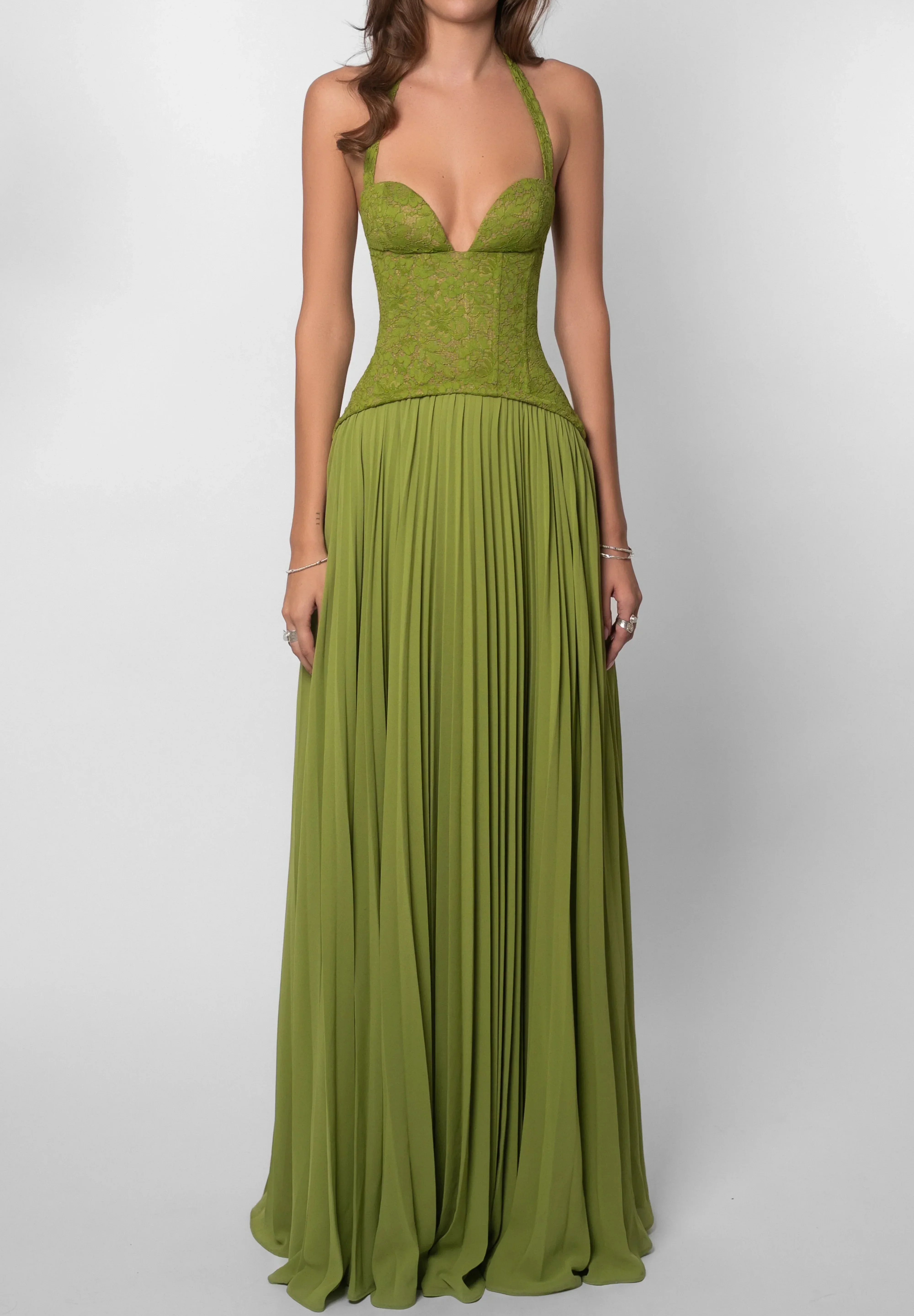 Groene feestjurk dames met corset en geplisseerde rok