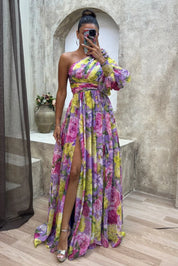 Dames zomerjurk lang one shoulder met bloemenprint en split