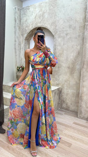 Dames zomerjurk lang one shoulder met bloemenprint en split
