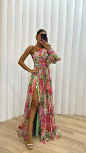 Dames zomerjurk lang one shoulder met bloemenprint en split