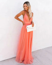 Dames feestjurk maxi oranje open rug fijne bandjes - Zomer