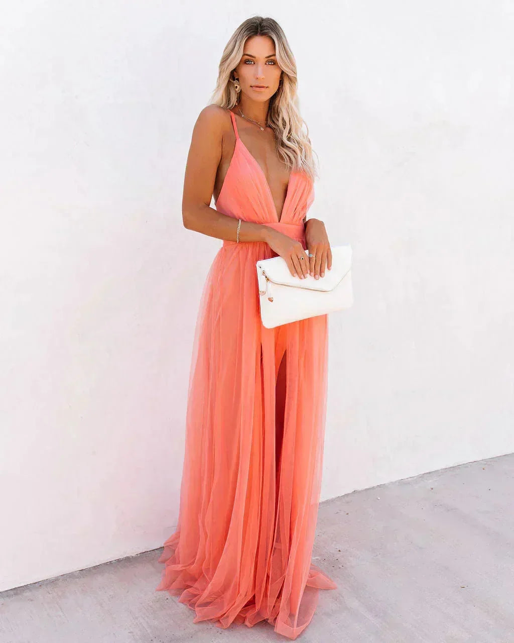 Dames feestjurk maxi oranje open rug fijne bandjes - Zomer