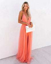 Dames feestjurk maxi oranje open rug fijne bandjes - Zomer