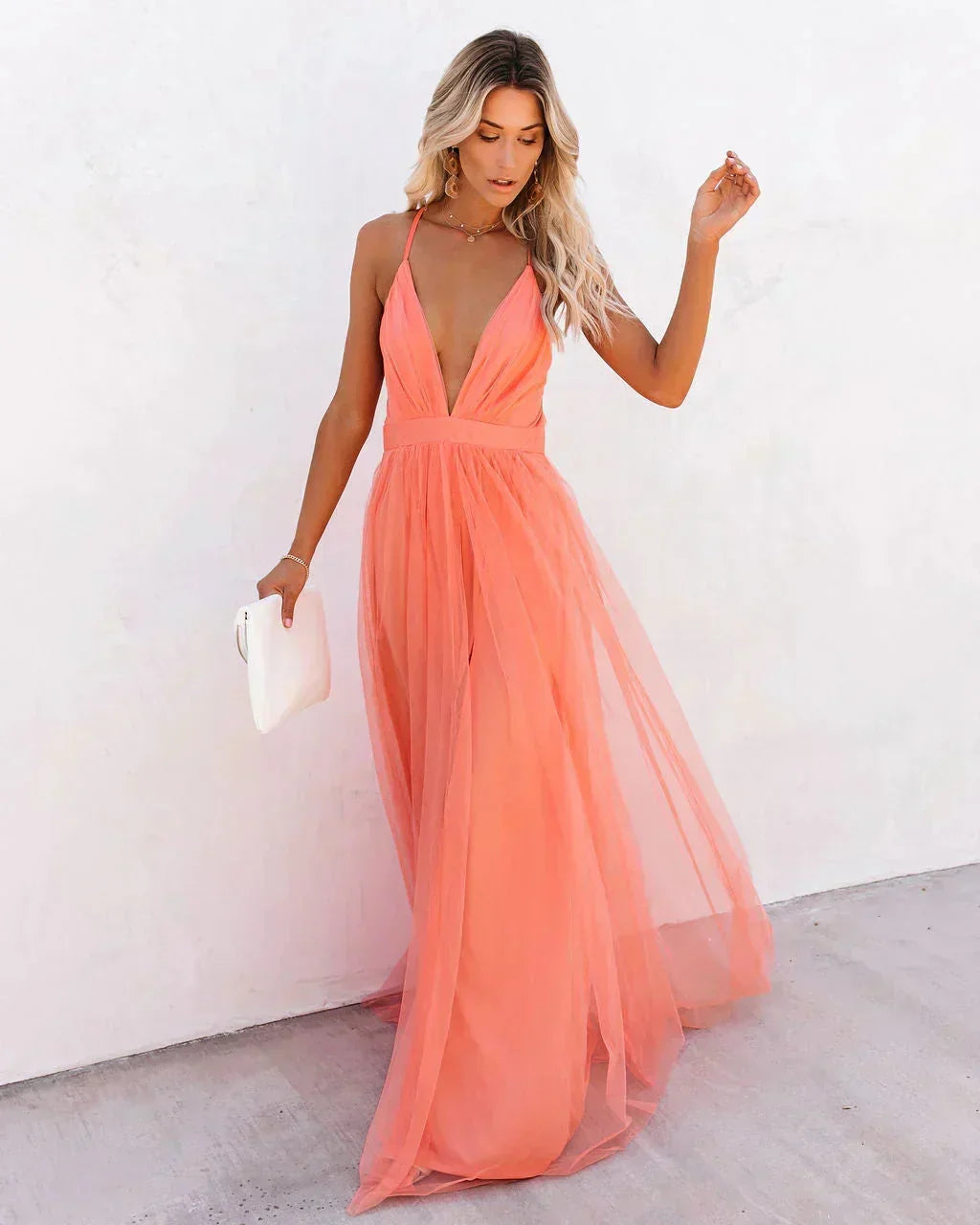 Dames feestjurk maxi oranje open rug fijne bandjes - Zomer
