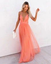 Dames feestjurk maxi oranje open rug fijne bandjes - Zomer