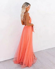 Dames feestjurk maxi oranje open rug fijne bandjes - Zomer