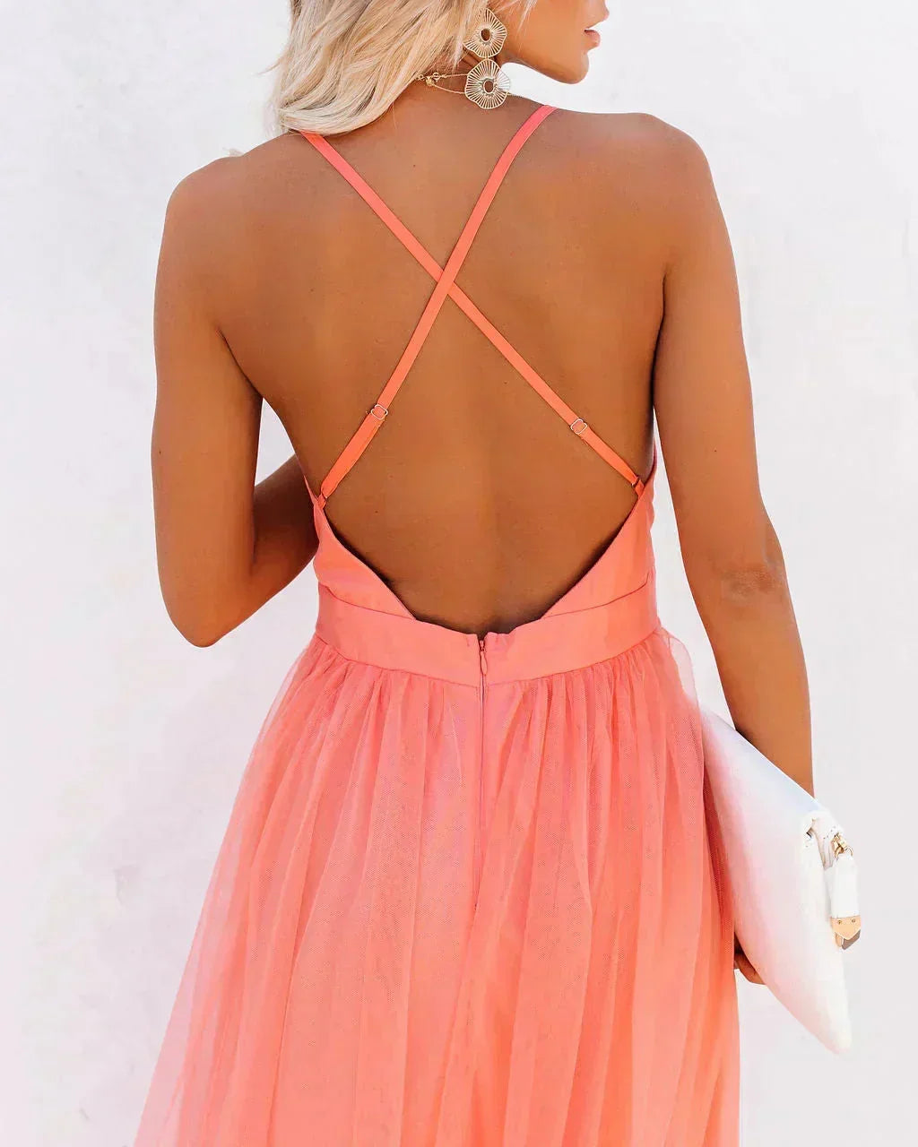 Dames feestjurk maxi oranje open rug fijne bandjes - Zomer