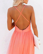 Dames feestjurk maxi oranje open rug fijne bandjes - Zomer